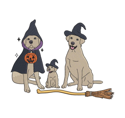 Halloween Witch Dogs pes dgt dst exp hus jef vp3 Spooky Season Trick or Treat Machine Embroidery File | 4 Sizes