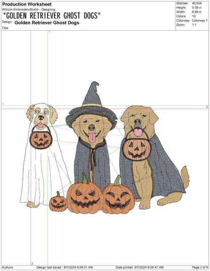 Halloween Golden Retriever Ghost Witch Dogs Boo Trick or Treat pes dgt dst exp hus inf Machine Embroidery File | 6 Sizes