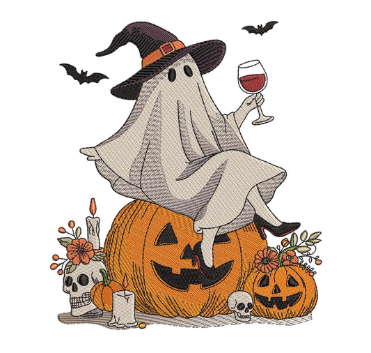 Halloween Ghost Wine Lover Embroidery Design (PES File)