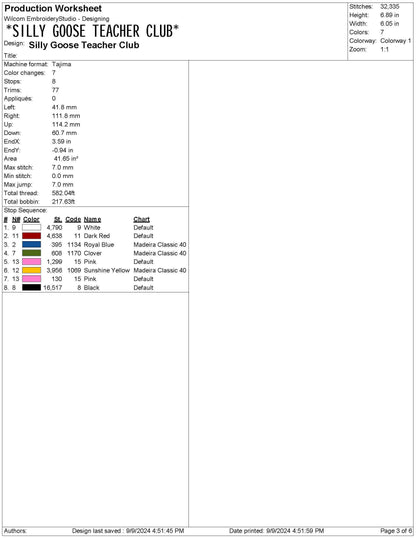 Silly Goose Teacher Club Embroidery Design: Machine Embroidery File (PES, Digital Download)