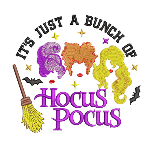Hocus Pocus Halloween machine embroidery design with three witches, broom and bats