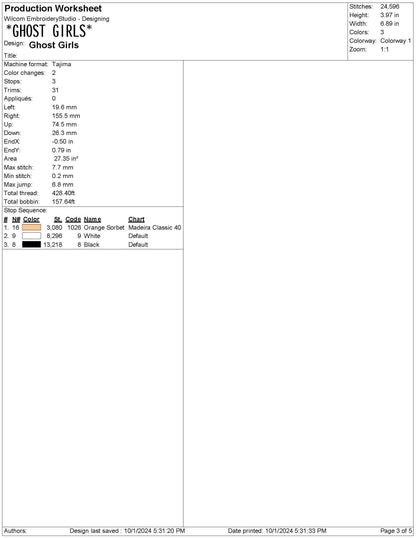 Halloween Ghost Girls Embroidery Design: Machine Embroidery File (PES, DST, etc.)