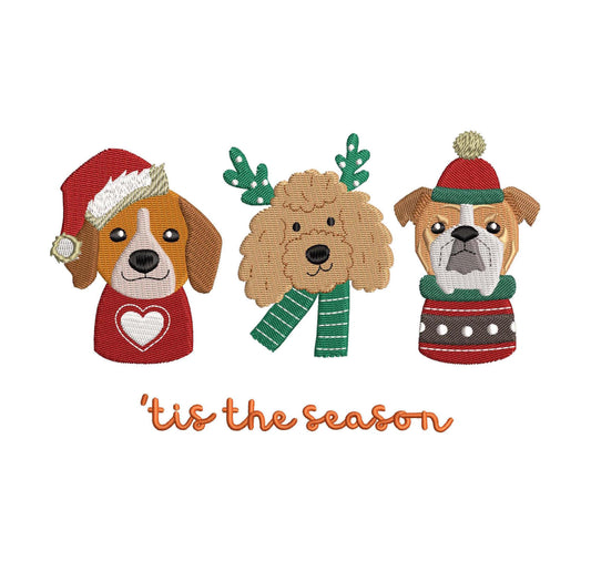 Christmas , Cute Dog Embroidery, Poodle Bulldog Machine Embroidery File, pes dgt dst exp hus inf jef | 4 sizes