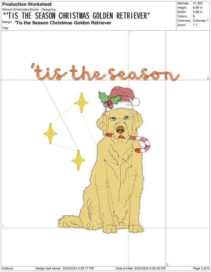 Christmas Sassy Golden Retriever , Cute Tis the Season pes dgt dst exp jef xxx Machine Embroidery File | 4 sizes