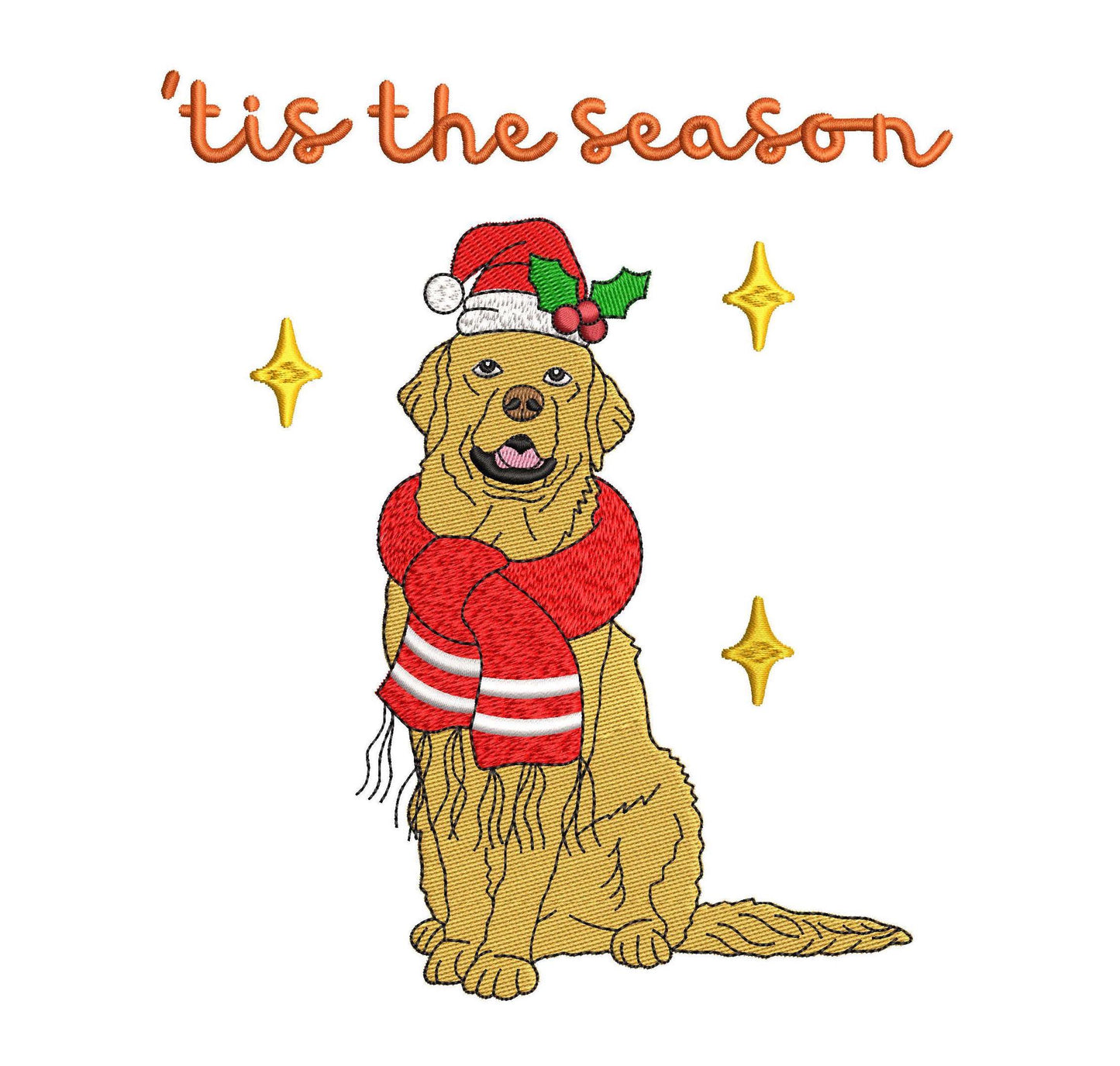 Cute Christmas Happy Golden Retriever pes dgt dst exp jef xxx Embroidery Machine File Tis Season