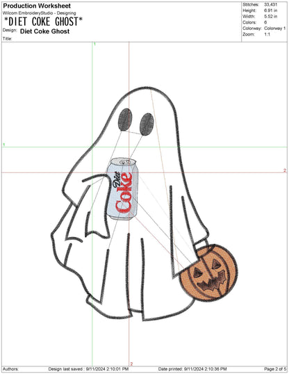 Halloween Fall Ghost Drinking Diet Cola Embroidery pes dgt dst exp hus jef Machine Embroidery File Trick or Treat pes file | 5 Sizes