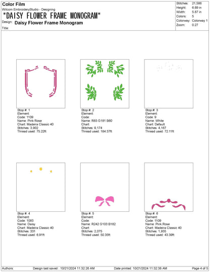 Floral Daisy Frame Embroidery Design: Coquette Monogram Crest (PES EXP DST File)