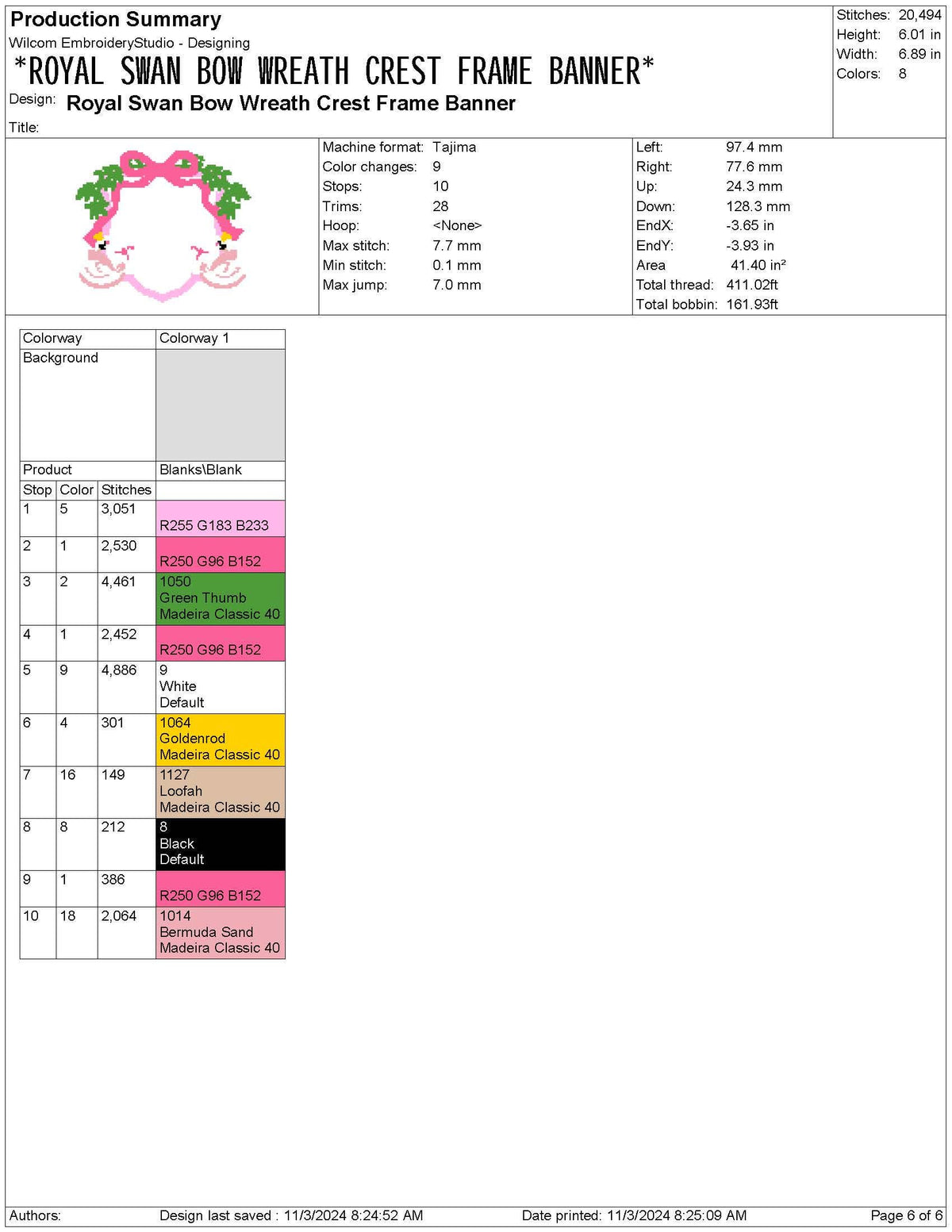 Swan Embroidery Crest Design: Royal Floral Embroidery Frame Design For Banner Embroidery Crest File (Digital Download)