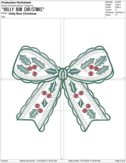Christmas Embroidery Designs: Holly Bow Festive Machine Embroidery File Traditional Christmas Bow Embroidery File Christmas Mistletoe Design