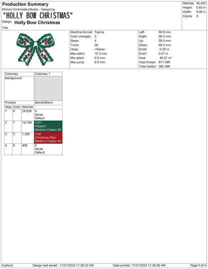Christmas Embroidery Designs: Holly Bow Festive Machine Embroidery File Traditional Christmas Bow Embroidery File Christmas Mistletoe Design