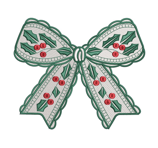 Christmas Embroidery Designs: Holly Bow Festive Machine Embroidery File Traditional Christmas Bow Embroidery File Christmas Mistletoe Design