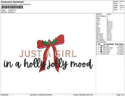 Just A Girl In A Holly Jolly Mood Christmas  Cute Machine Embroidery File Gift for Her |4 Sizes