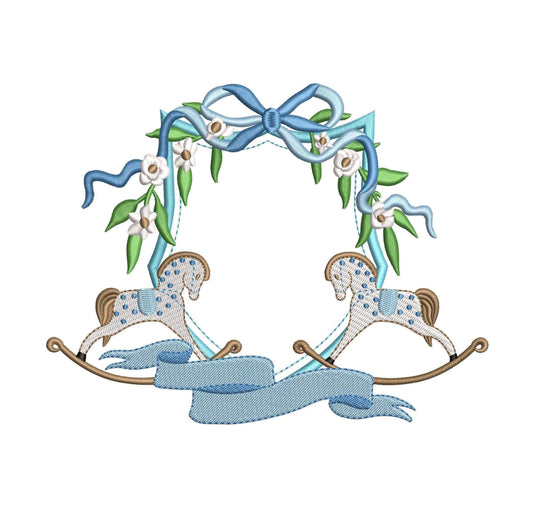 Rocking Horse Crest Embroidery Design: Floral Banner Frame Machine Embroidery File Baby Door Hanger Embroidery File (Digital Download)