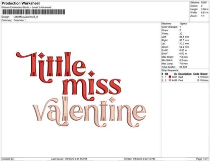 Valentines  Valentine's Day Machine Embroidery File Little Miss Valentine | Cute | 4 Sizes