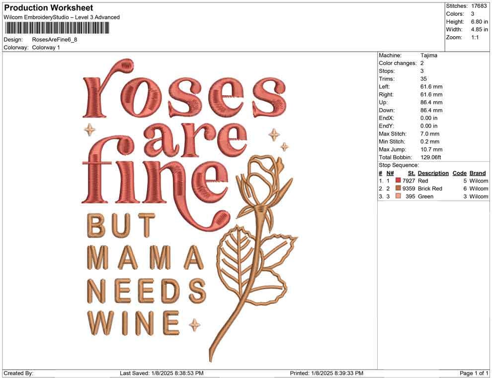 Valentines  Valentine's Day Machine Embroidery File Roses Are Fine Mama Needs Wine | 4 Size