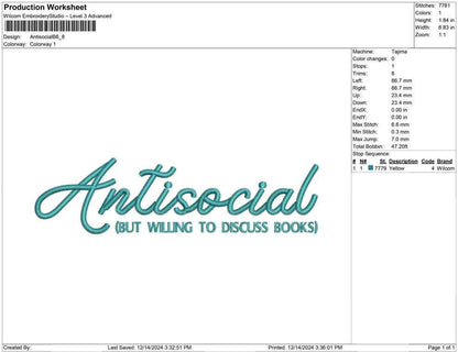 Antisocial  Book Embroidery File Funny Gift for Her | Book Lover Design | Cute | 4 sizes