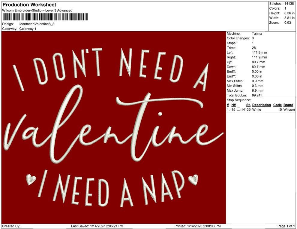 Don't Need Valentines  I Need Nap Valentine's Day Machine Embroidery File | Cute Gift | 4 Sizes