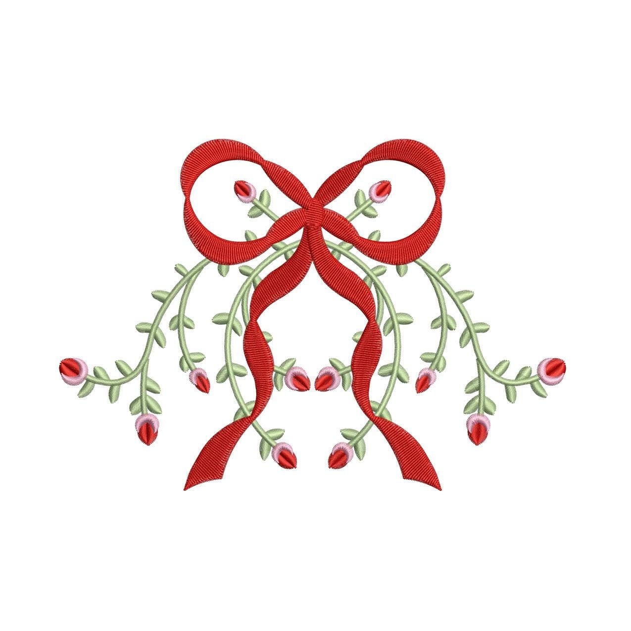 Floral Ribbon Machine Embroidery Design: Vintage Rose Vine Bow (Digital Download)