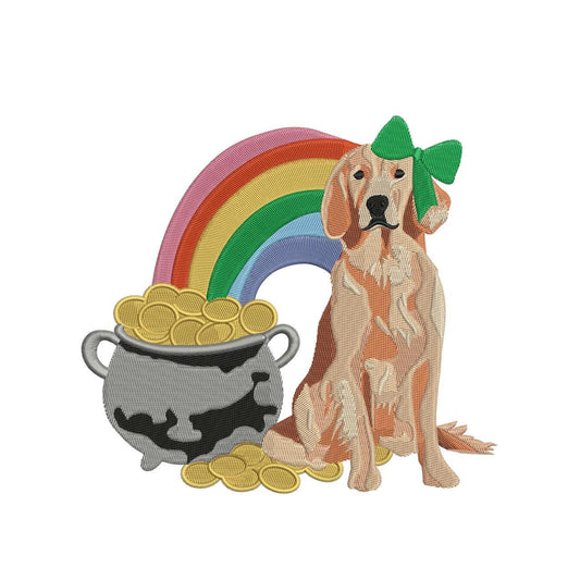St Patricks Day Dog Embroidery Designs: Golden Retriever Machine Embroidery File Rainbow and Pot of Gold(Digital Download)