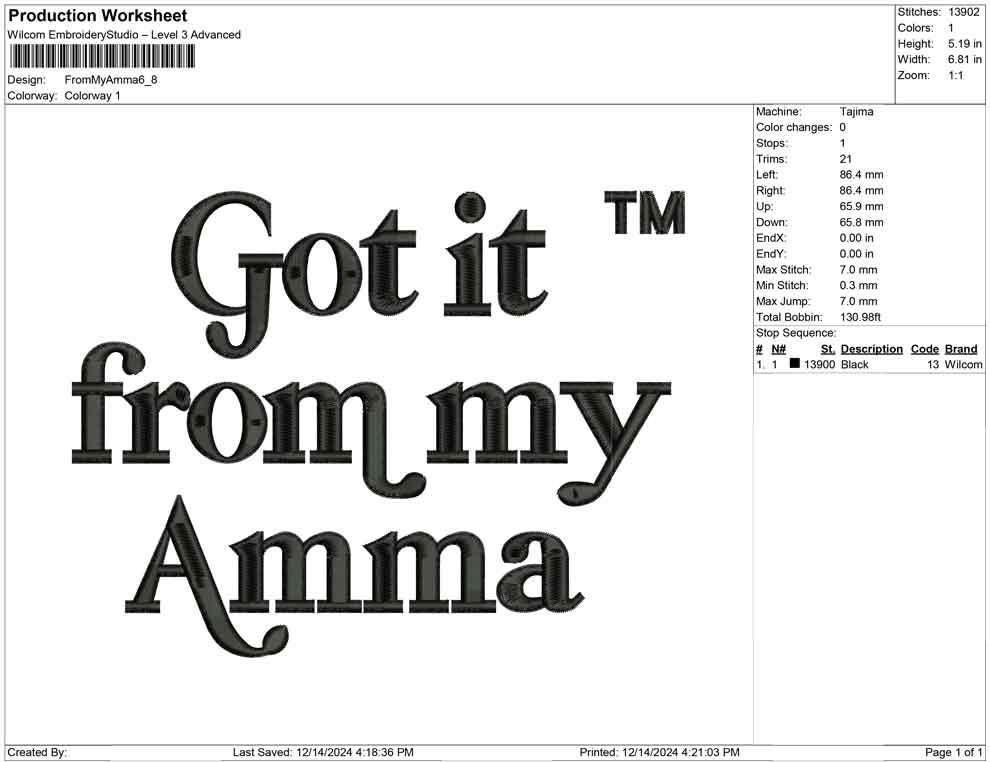 Got It From My Amma Embroidery Design: Cultural Pride (Digital Download)