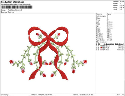 Floral Ribbon Machine Embroidery Design: Vintage Rose Vine Bow (Digital Download)
