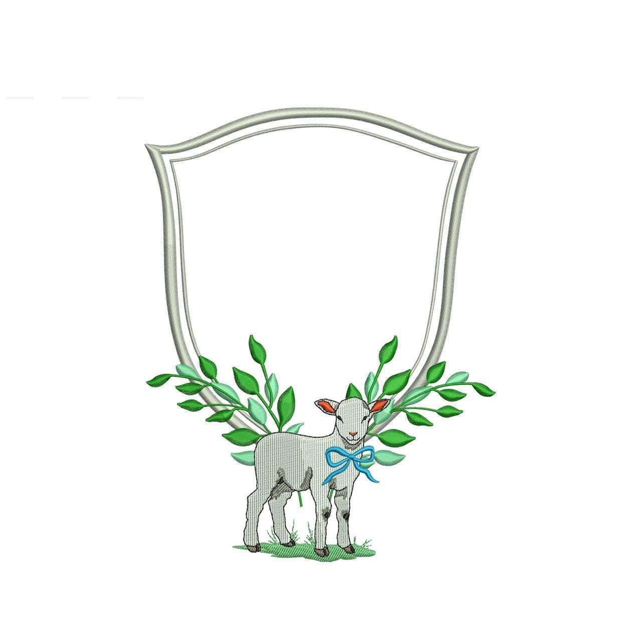 Lamb Embroidery Design: Spring Badge, Vintage Frame (3.8-6.8") (Digital Download)