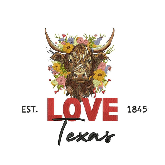 Texas Longhorn Embroidery Design: Floral Highland Cow (PES)