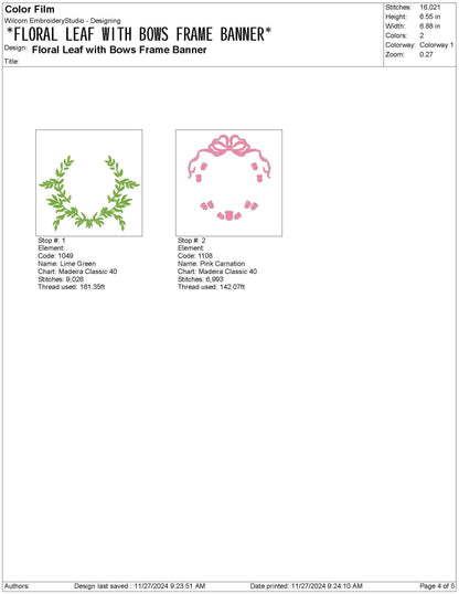 Floral Leaf Bow Frame Embroidery Design: Wedding Crest Machine Embroidery File Baby Door Hanger Banner File (PES DST JEF and more)