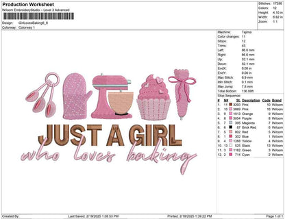 Just A Girl Who Loves Baking Embroidery Design: Cooking Machine Embroidery Files (Digital File)