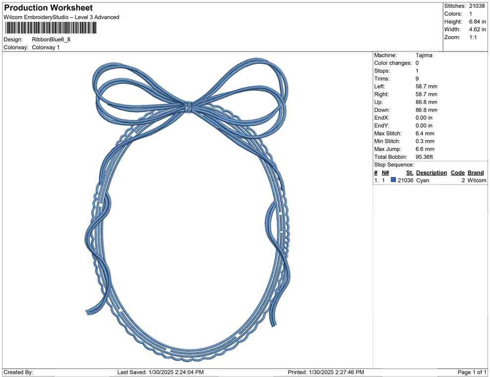 Blue Ribbon Wreath Embroidery Design: Vintage Frame (PES DST EXP)