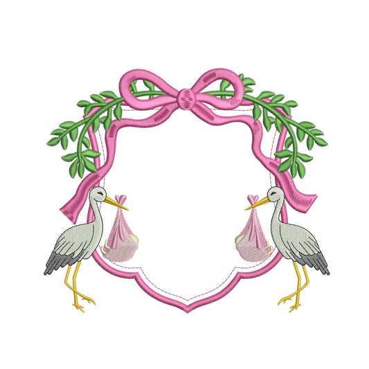 Stork Embroidery Crest Design: Baby Banner Machine Embroidery File Floral Crest Heirloom Baby Girl Embroidery Designs