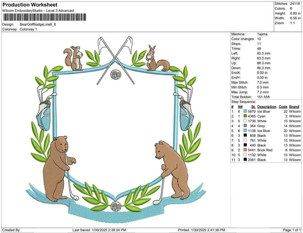 Bear Golf Badge Embroidery Design: Rustic Crest Frame (Digital Download)
