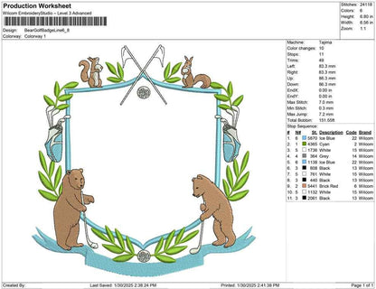 Bear Golf Badge Embroidery Design: Rustic Crest Frame (Digital Download)