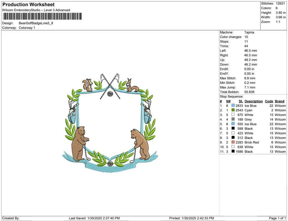 Bear Golf Badge Embroidery Design: Rustic Crest Frame (Digital Download)