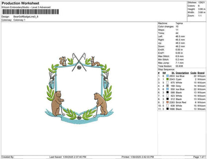 Bear Golf Badge Embroidery Design: Rustic Crest Frame (Digital Download)