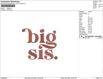Big Sister Embroidery Design: Sibling Gift, Baby Announcement Family Machine Embroidery Files (Digital Download)