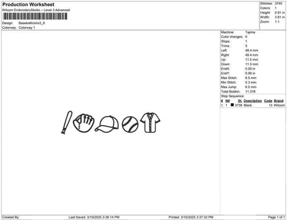 Baseball Icons Embroidery Design: Bat, Ball, Glove, Cap (Digital Download)