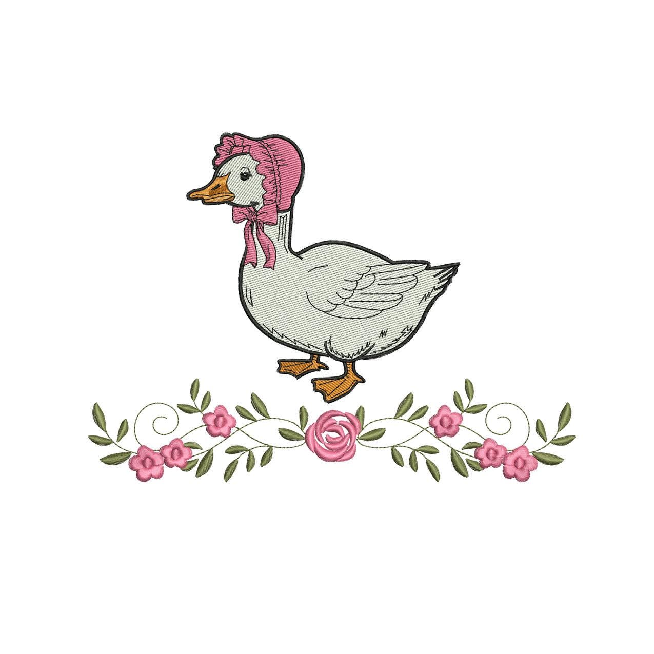 Floral Bonnet Duck Embroidery Design: Vintage Cottagecore (Digital Download)