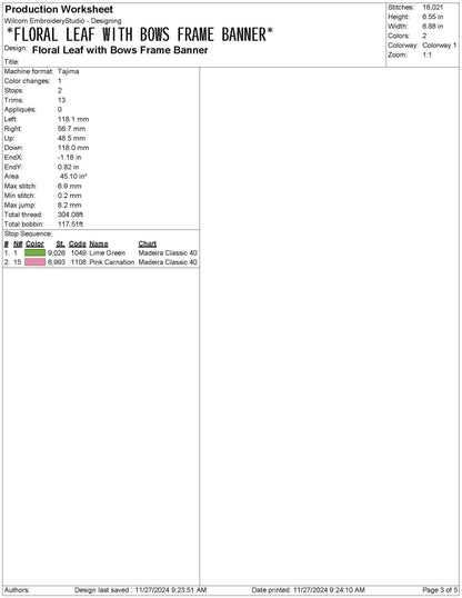 Floral Leaf Bow Frame Embroidery Design: Wedding Crest Machine Embroidery File Baby Door Hanger Banner File (PES DST JEF and more)