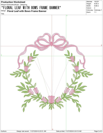 Floral Leaf Bow Frame Embroidery Design: Wedding Crest Machine Embroidery File Baby Door Hanger Banner File (PES DST JEF and more)
