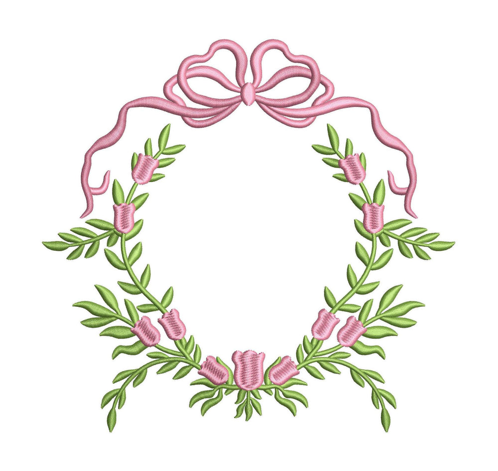 Floral Leaf Bow Frame Embroidery Design: Wedding Crest Machine Embroidery File Baby Door Hanger Banner File (PES DST JEF and more)