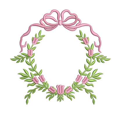 Floral Leaf Bow Frame Embroidery Design: Wedding Crest Machine Embroidery File Baby Door Hanger Banner File (PES DST JEF and more)