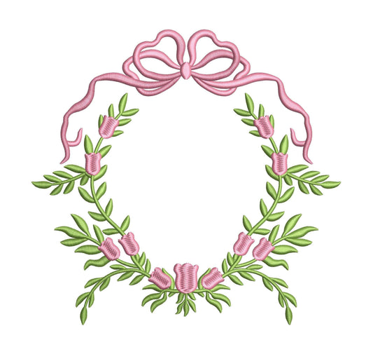 Floral Leaf Bow Frame Embroidery Design: Wedding Crest Machine Embroidery File Baby Door Hanger Banner File (PES DST JEF and more)