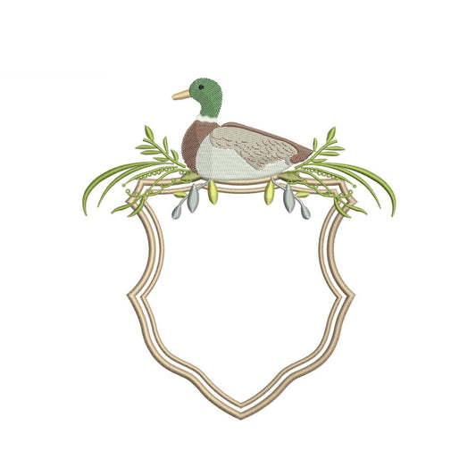 Mallard Duck Crest Embroidery Design: Rustic Monogram Frame (Digital Download)