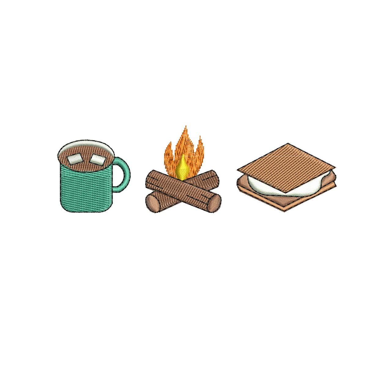 Camping Embroidery Designs: Smore, Cocoa Mug, Camping Machine Embroidery File Winter Camping Icon Embroidery File (Digital Download)