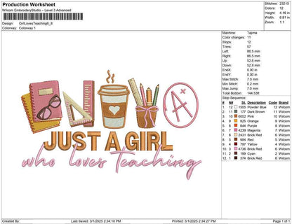 Teacher Embroidery Design: Just A Girl Who Loves Teaching (Digital Download)