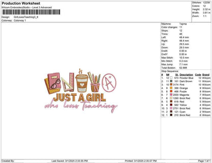 Teacher Embroidery Design: Just A Girl Who Loves Teaching (Digital Download)