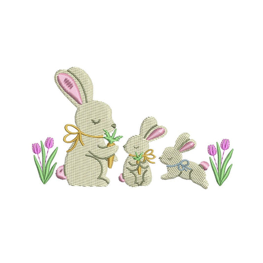 Bunny Family Embroidery Design: Easter Rabbit with Carrots (Digital Download)