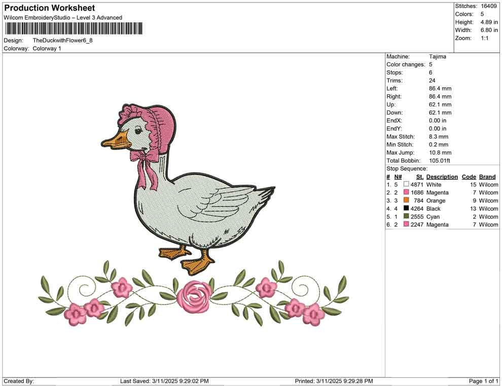 Floral Bonnet Duck Embroidery Design: Vintage Cottagecore (Digital Download)