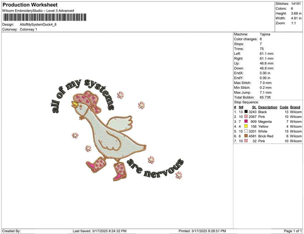 Nervous Duck Embroidery Design: Funny Animal Lover File (Digital Download)